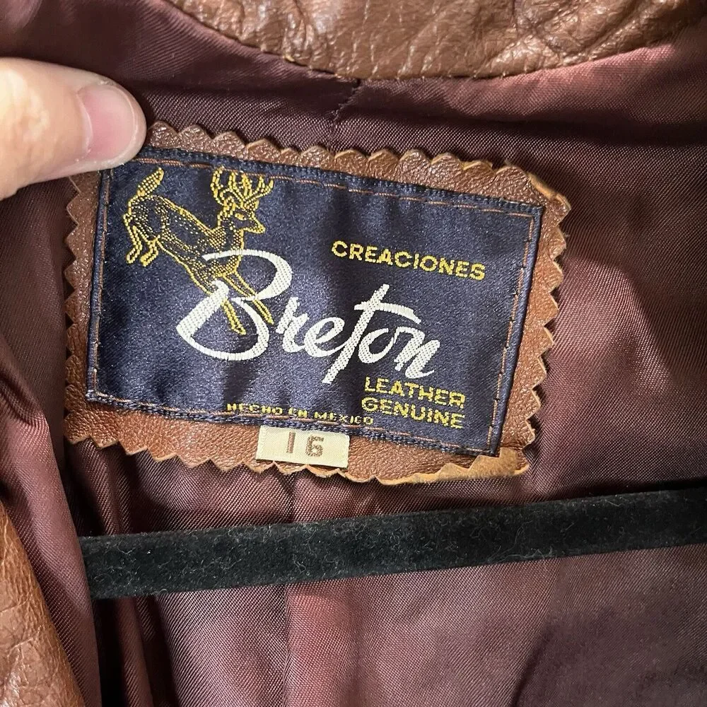 Women's Breton Brown Genuine Leather Western Button Belted Jacket Size L Boho